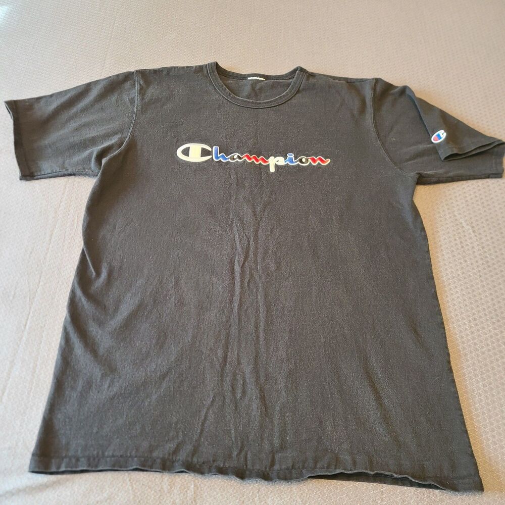 Champion Black Multi Color Embroidered Logo Men's Large T Shirt No Tags